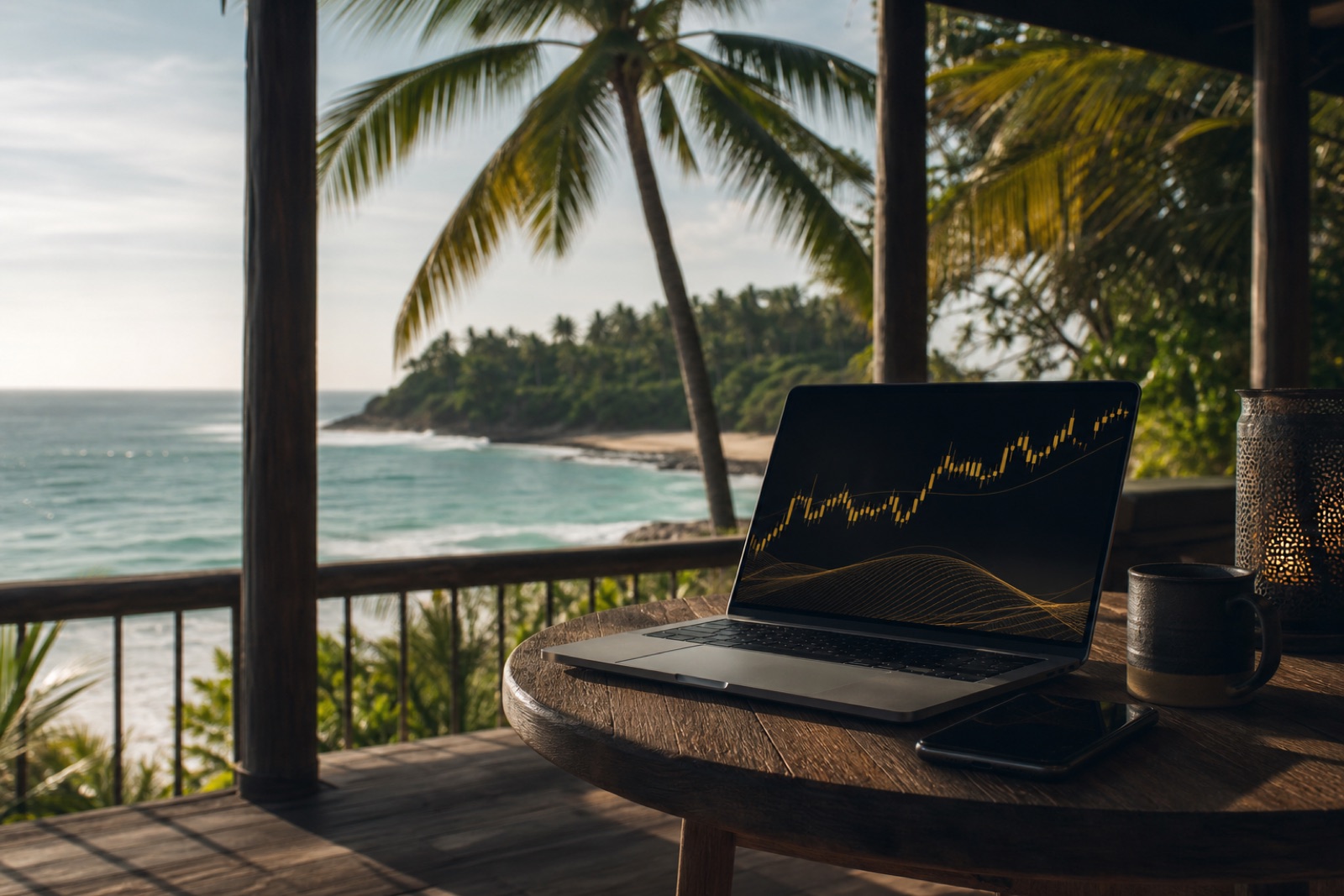 A laptop and phone on a quiet beach terrace, ready for learning and market check-ins while traveling.